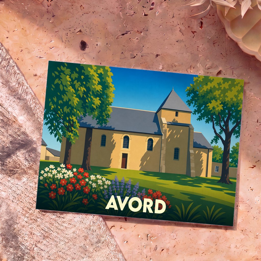Carte postale souvenir de la ville d'Avord avec une illustration stylisée de son église entourée de verdure.