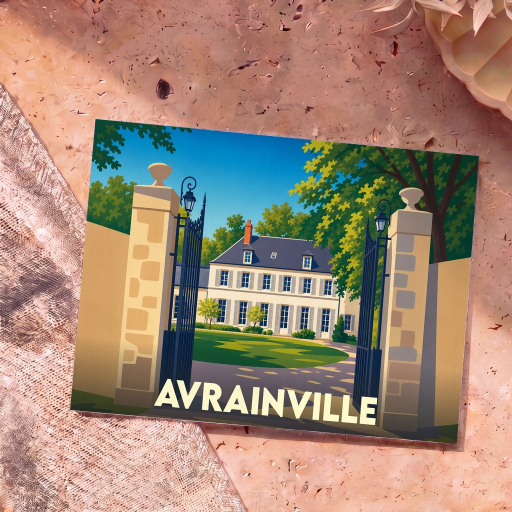 Carte postale souvenir de la ville d'Avrainville avec une illustration stylisée d'une demeure bourgeoise derrière ses grilles.