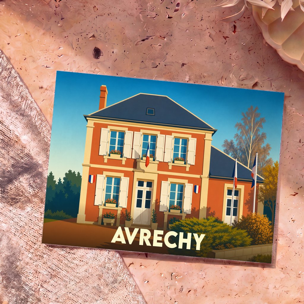 Carte postale souvenir de la ville d'Avrechy illustrée d'un bâtiment typique aux couleurs de la France.