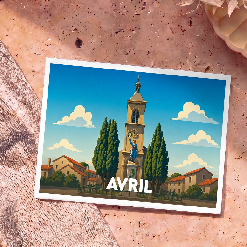 Carte postale souvenir de la ville d'Avril avec une illustration stylisée d'un monument historique entouré de cyprès.