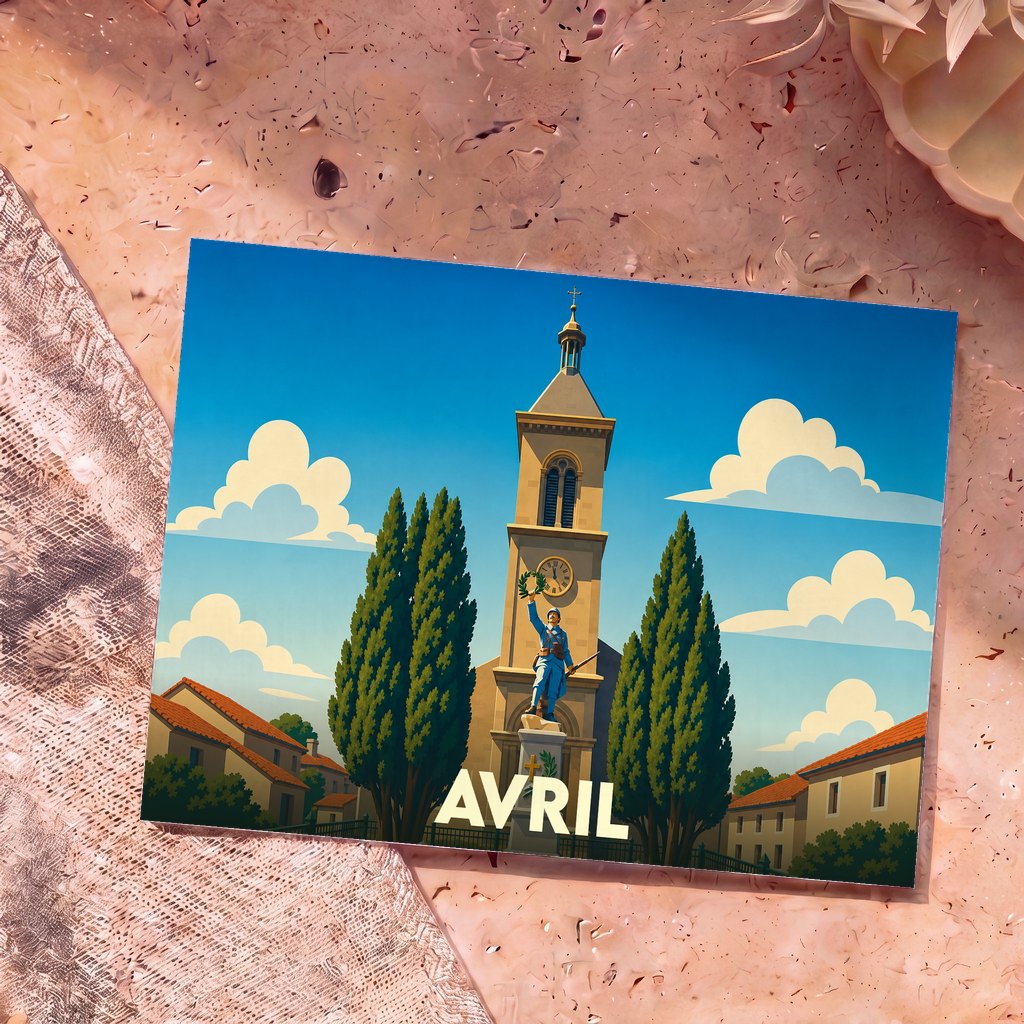 Carte postale souvenir de la ville d'Avril avec une illustration stylisée d'un monument historique entouré de cyprès.