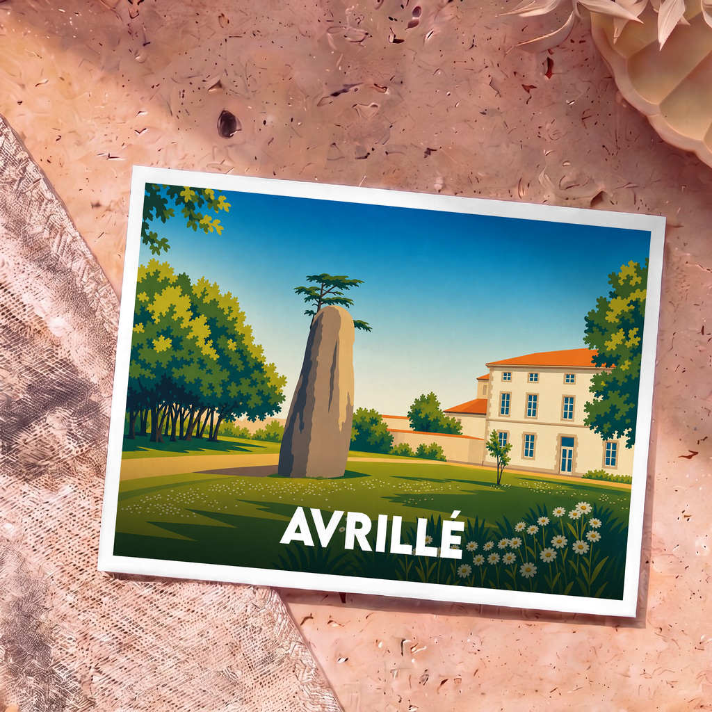 Carte postale souvenir de la ville d'Avrillé avec une illustration stylisée d'un menhir dans un parc arboré.