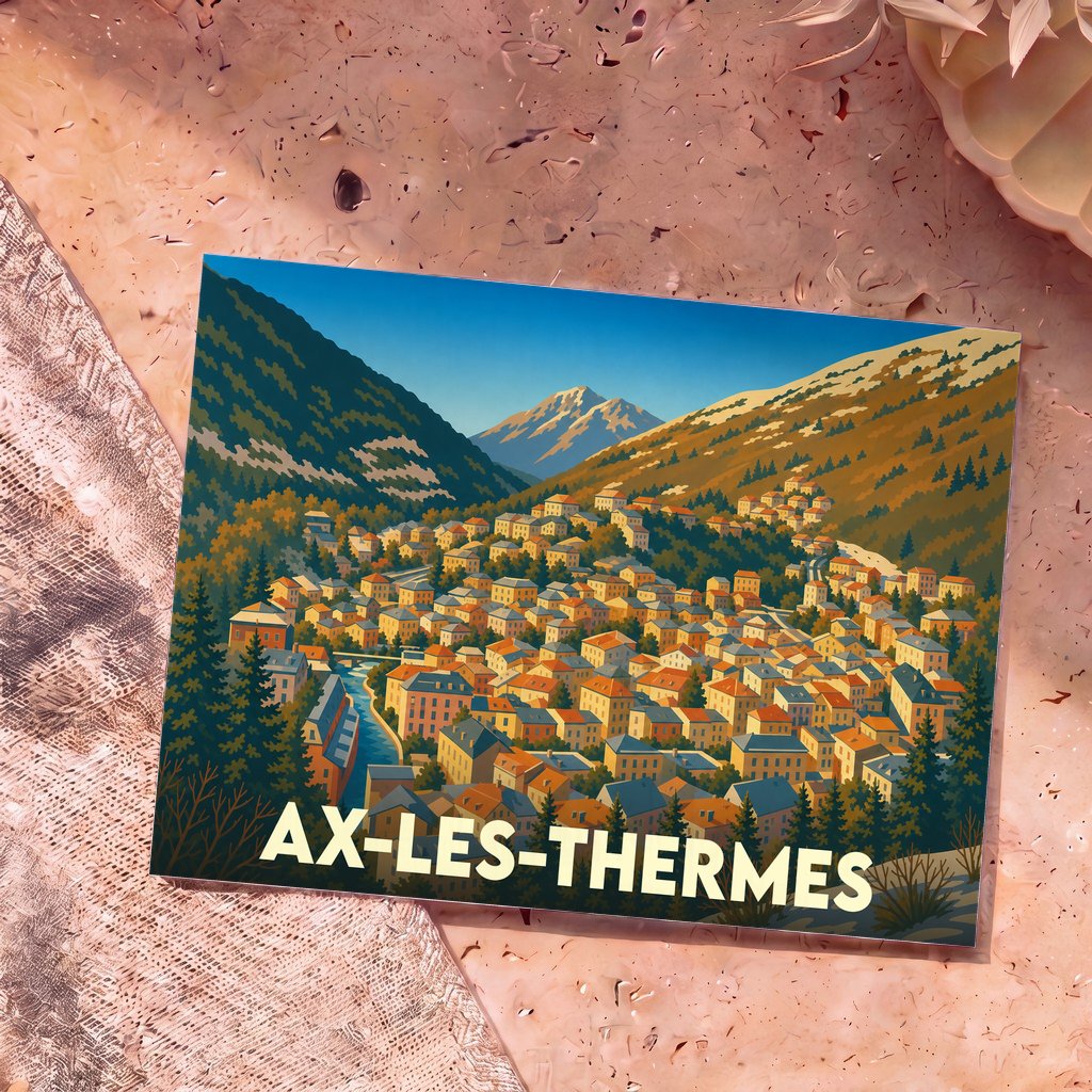 Carte postale souvenir de la ville d'Ax-les-Thermes présentant une illustration stylisée d'un village de montagne niché dans une vallée.