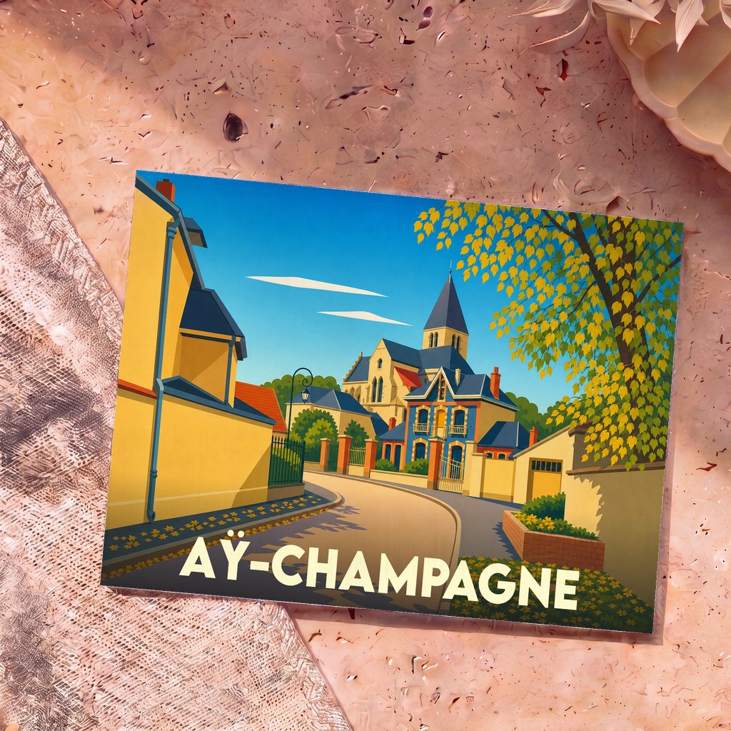 Carte postale souvenir de la ville d'Aÿ-Champagne présentant une illustration stylisée et colorée de ses rues et de son église.