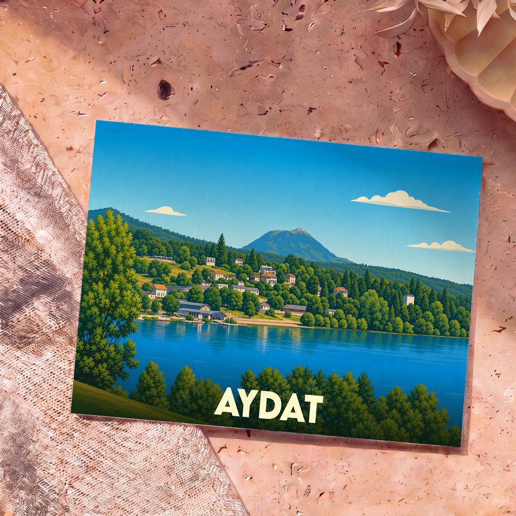 Carte postale souvenir de la ville d'Aydat avec une illustration stylisée de son lac et du puy de Dôme.