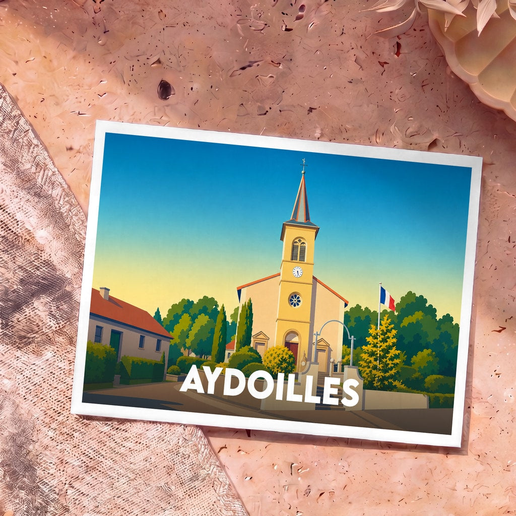 Carte postale souvenir de la ville d'Aydoilles avec une illustration stylisée de son église.