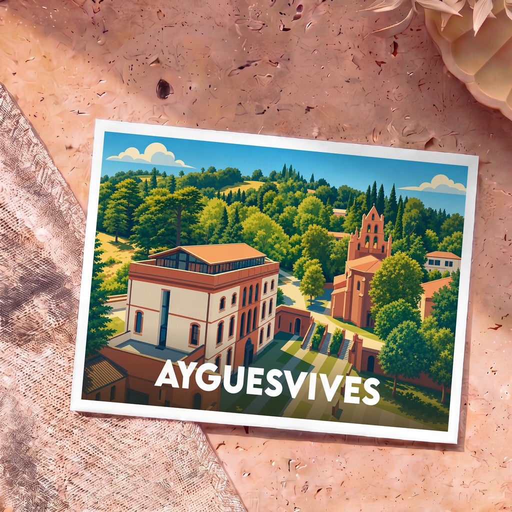 Carte postale souvenir de la ville d'Ayguesvives avec une illustration stylisée de son patrimoine architectural et de ses collines verdoyantes.