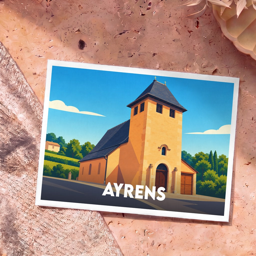 Carte postale souvenir de la ville d'Ayrens avec une illustration stylisée de son église sous un ciel bleu.