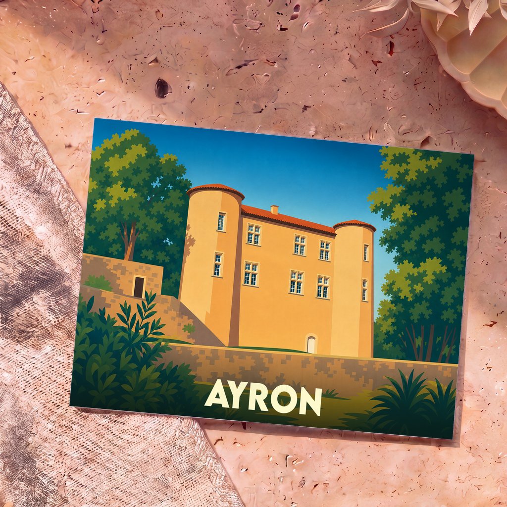 Carte postale souvenir de la ville d'Ayron illustrant son château dans un style graphique épuré.