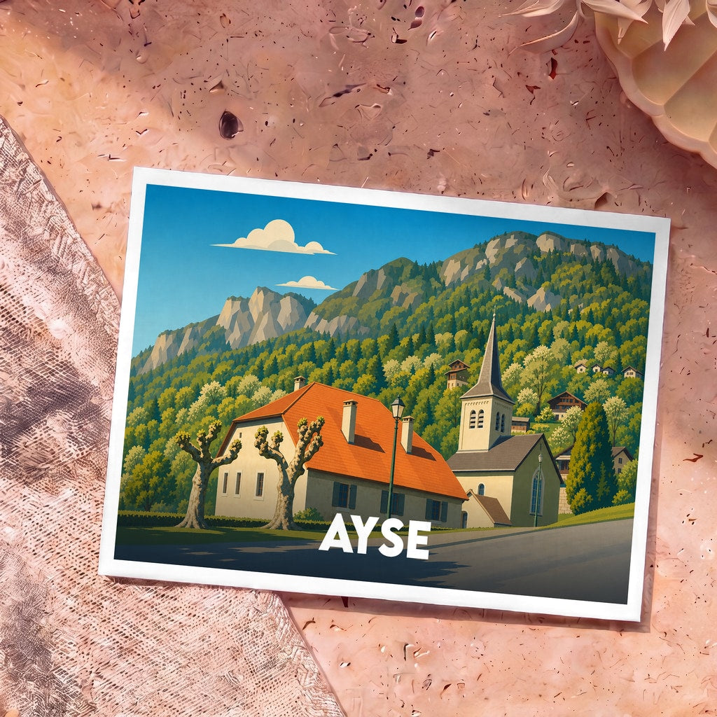 Carte postale souvenir de la ville d'Ayse avec une illustration stylisée de ses montagnes et de son église.