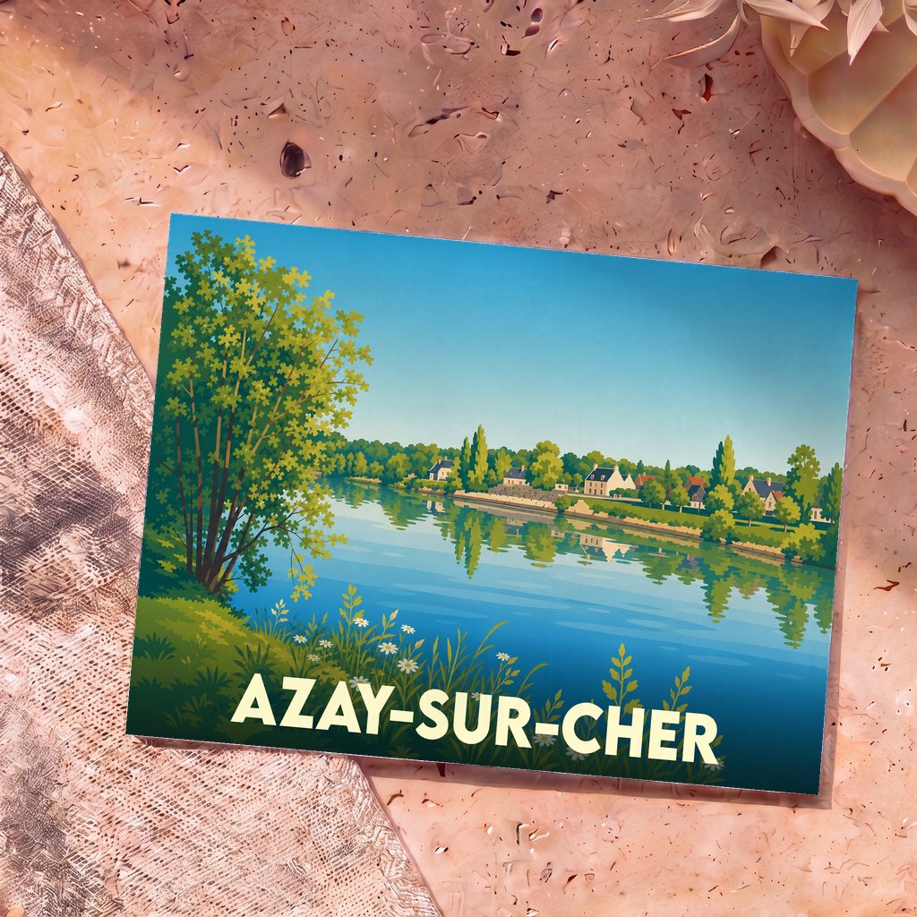 Carte postale souvenir de la ville d'Azay-sur-Cher avec une illustration stylisée des bords du Cher.