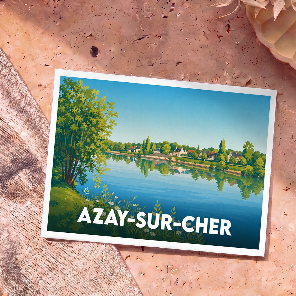 Carte postale souvenir de la ville d'Azay-sur-Cher avec une illustration stylisée des bords du Cher.
