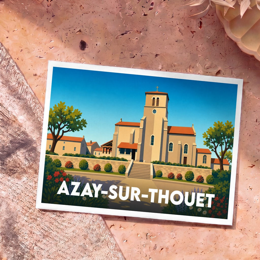 Carte postale souvenir de la ville d'Azay-sur-Thouet avec une illustration stylisée de son église sous un ciel bleu.