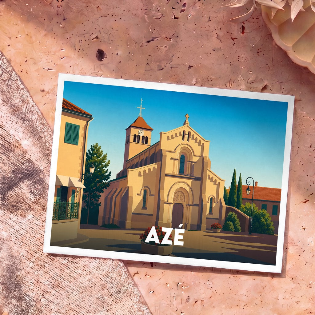 Carte postale souvenir de la ville d'Azé avec une illustration stylisée de son église sous un ciel bleu.
