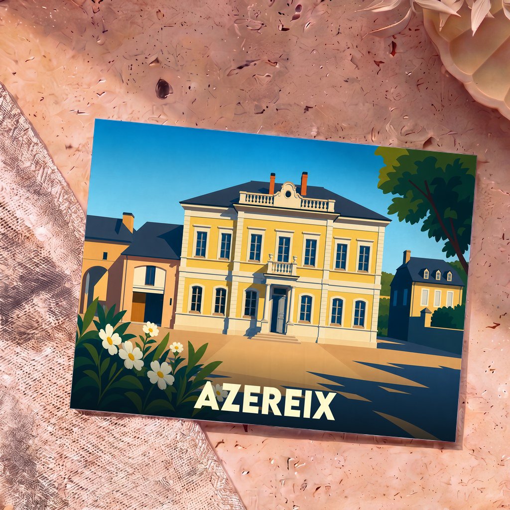 Carte postale souvenir de la ville d'Azereix illustrant une grande demeure bourgeoise de style classique sous un ciel bleu.