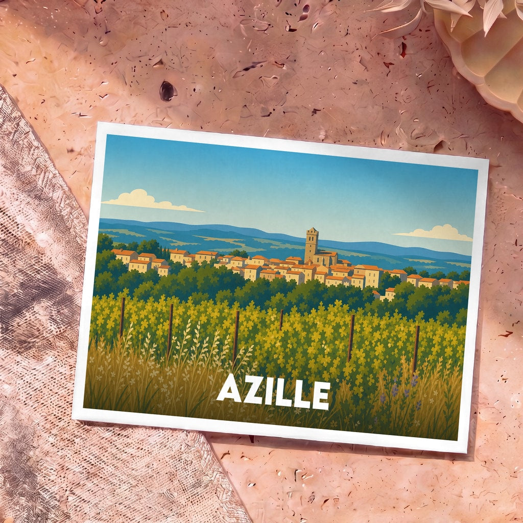 Carte postale souvenir de la ville d'Azille avec une illustration stylisée de ses vignobles et de son village.