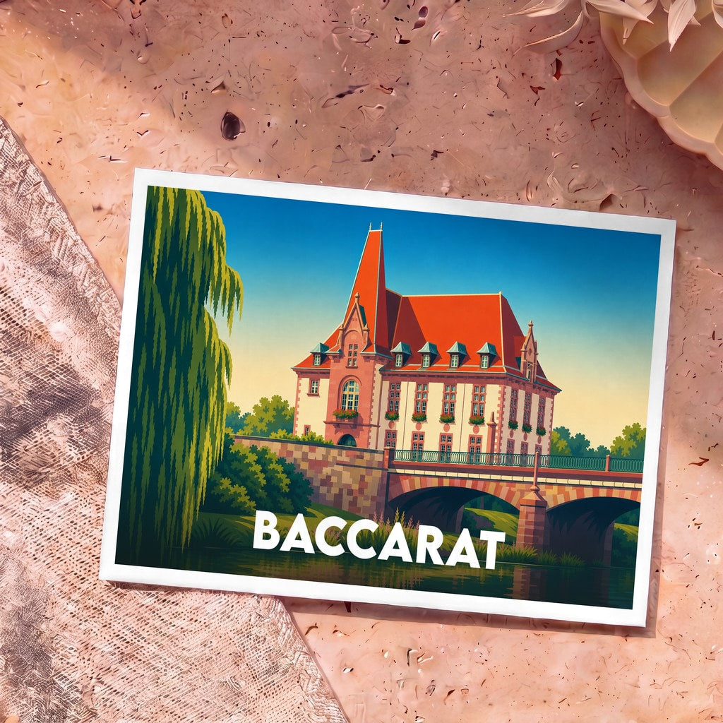 Carte postale souvenir de la ville de Baccarat avec une illustration stylisée d'un bâtiment historique au bord de l'eau.