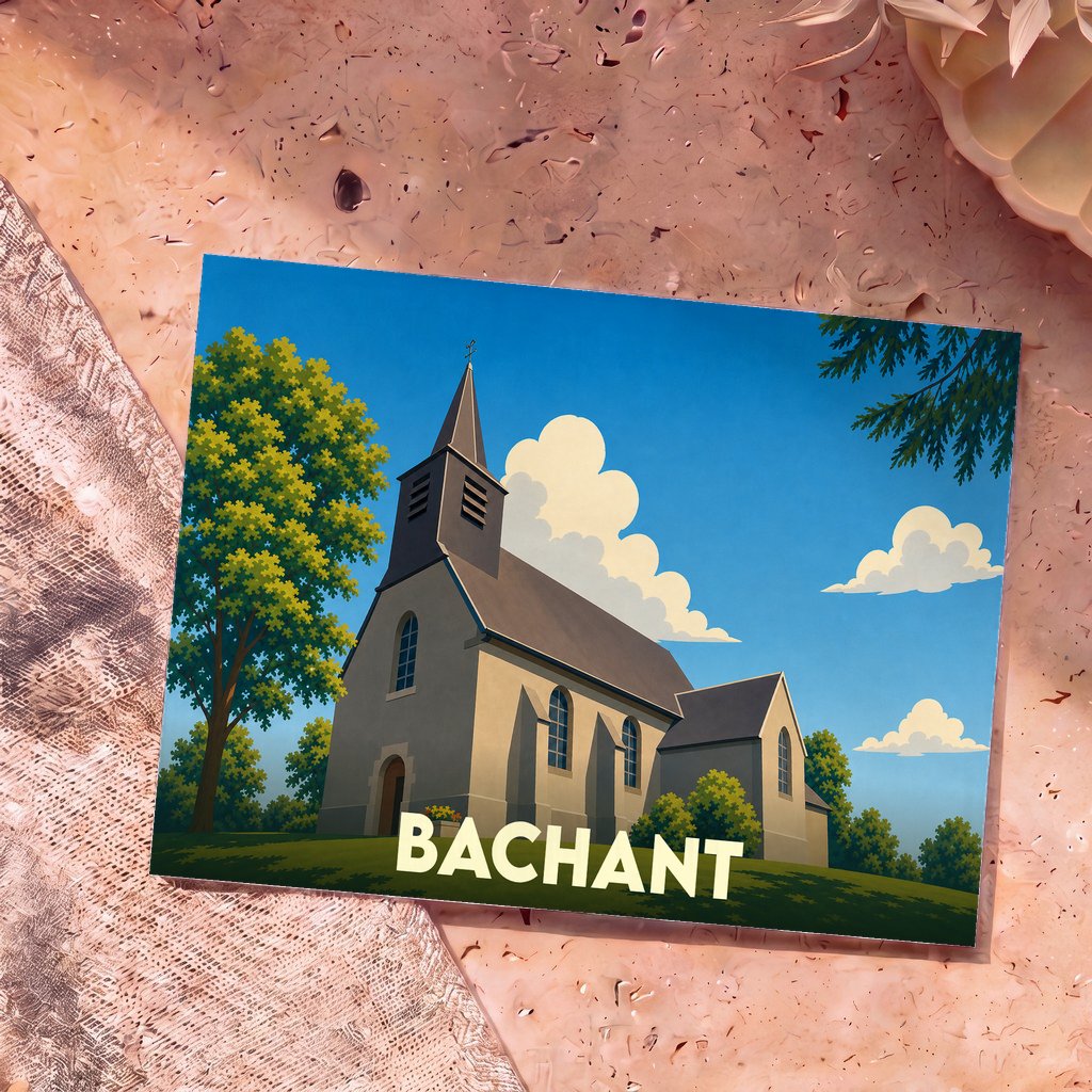 Carte postale souvenir de la ville de Bachant avec une illustration stylisée de son église.