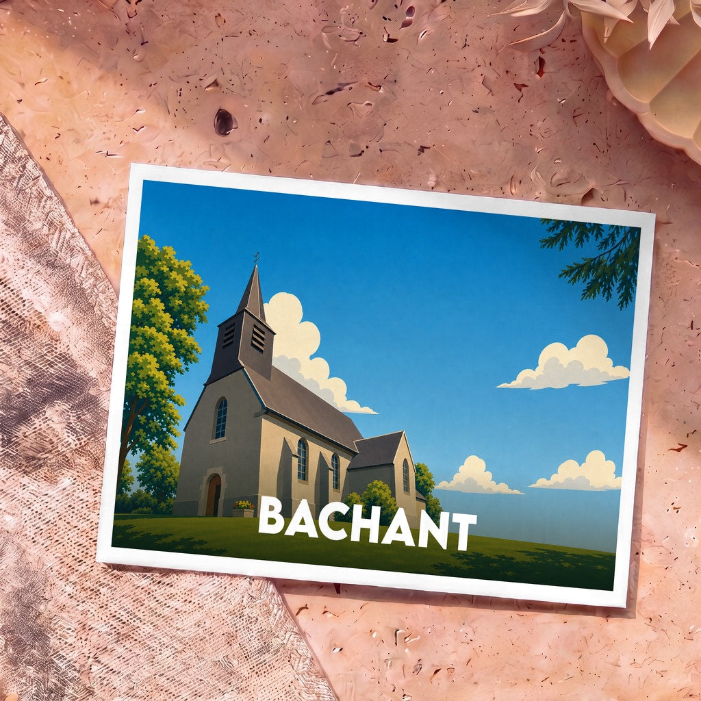 Carte postale souvenir de la ville de Bachant avec une illustration stylisée de son église.
