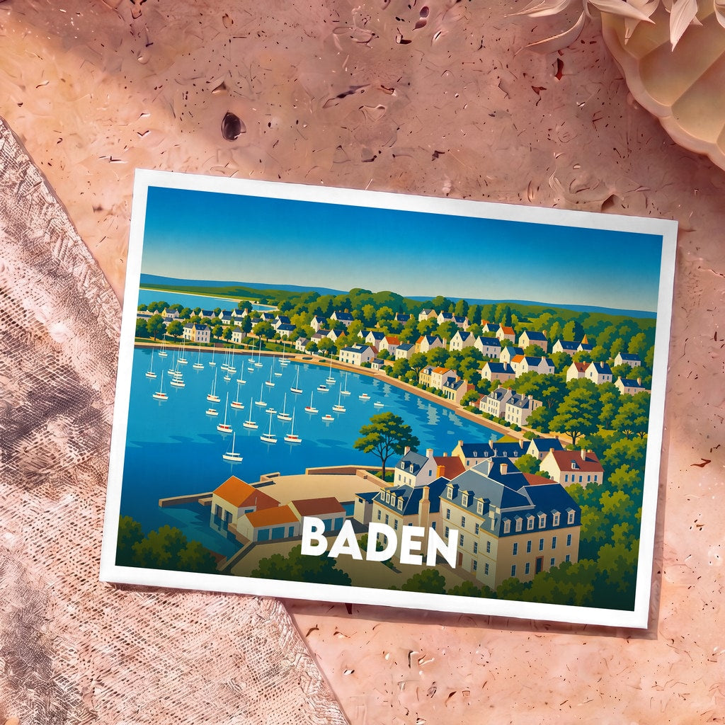Carte postale souvenir de la ville de Baden présentant une illustration stylisée d'un port de plaisance bordé de maisons blanches.