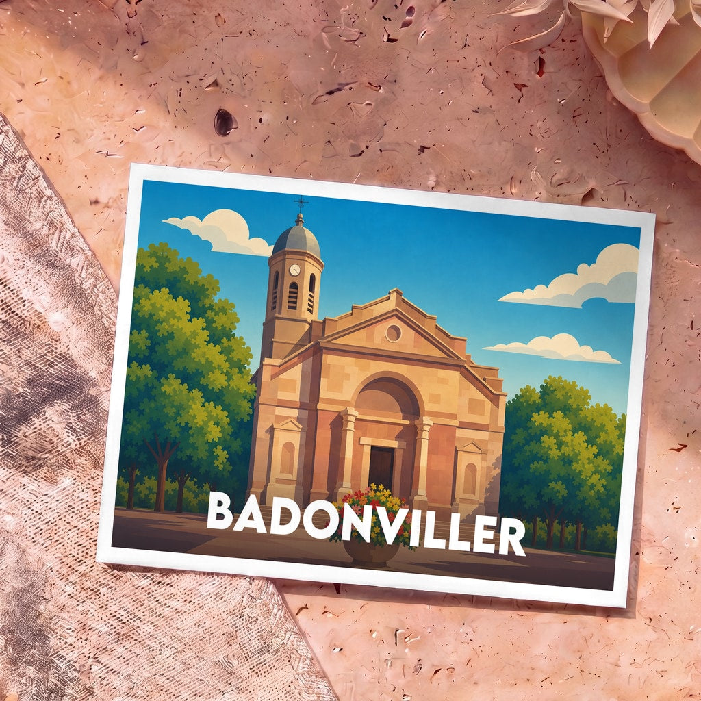 Carte postale souvenir de la ville de Badonviller avec une illustration stylisée de son église sous un ciel bleu.