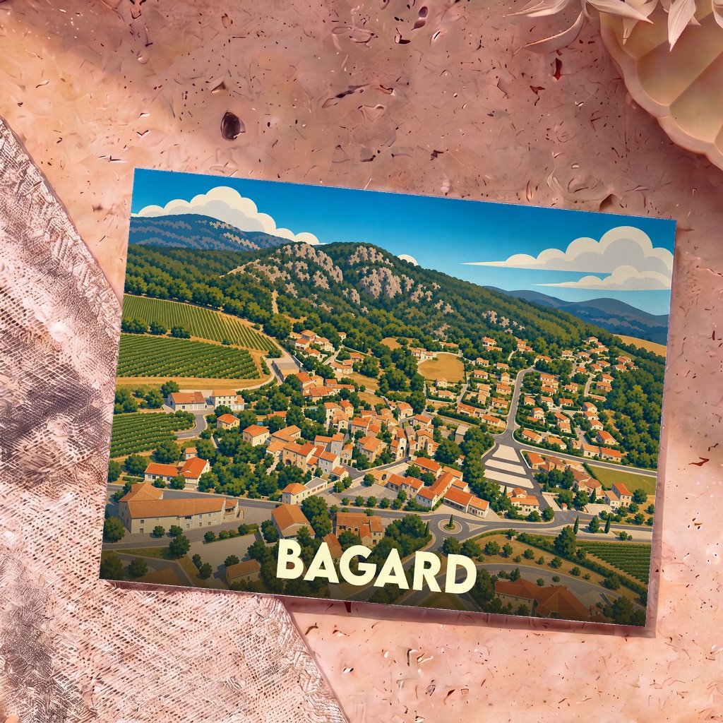 Carte postale souvenir de la ville de Bagard avec une illustration stylisée vue du ciel.