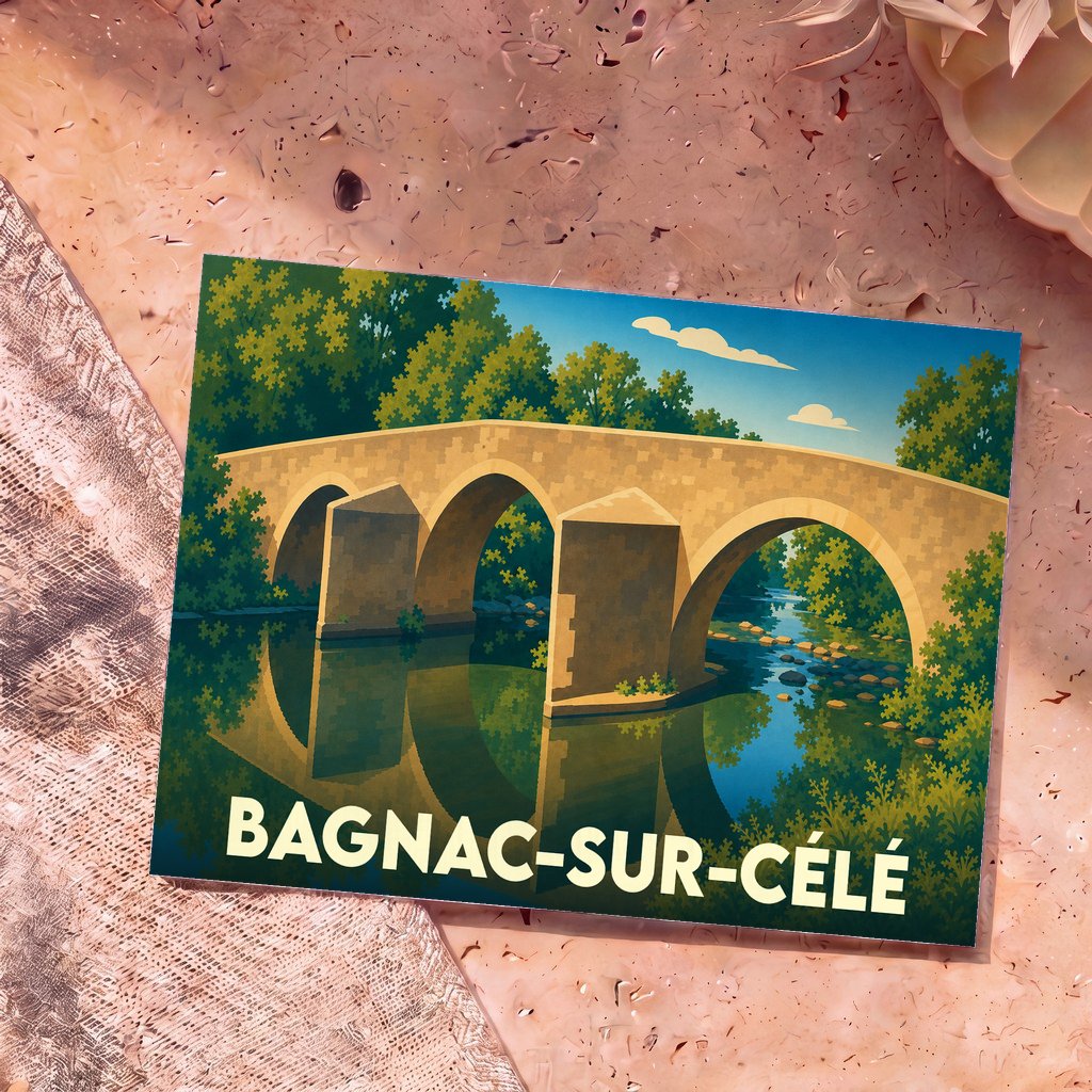 Carte postale souvenir de la ville de Bagnac-sur-Célé avec une illustration stylisée de son pont médiéval.