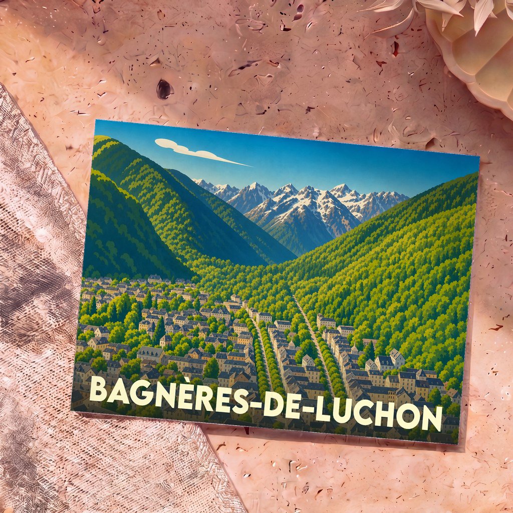 Carte postale souvenir de la ville de Bagnères-de-Luchon avec une illustration stylisée de la vallée et des montagnes.