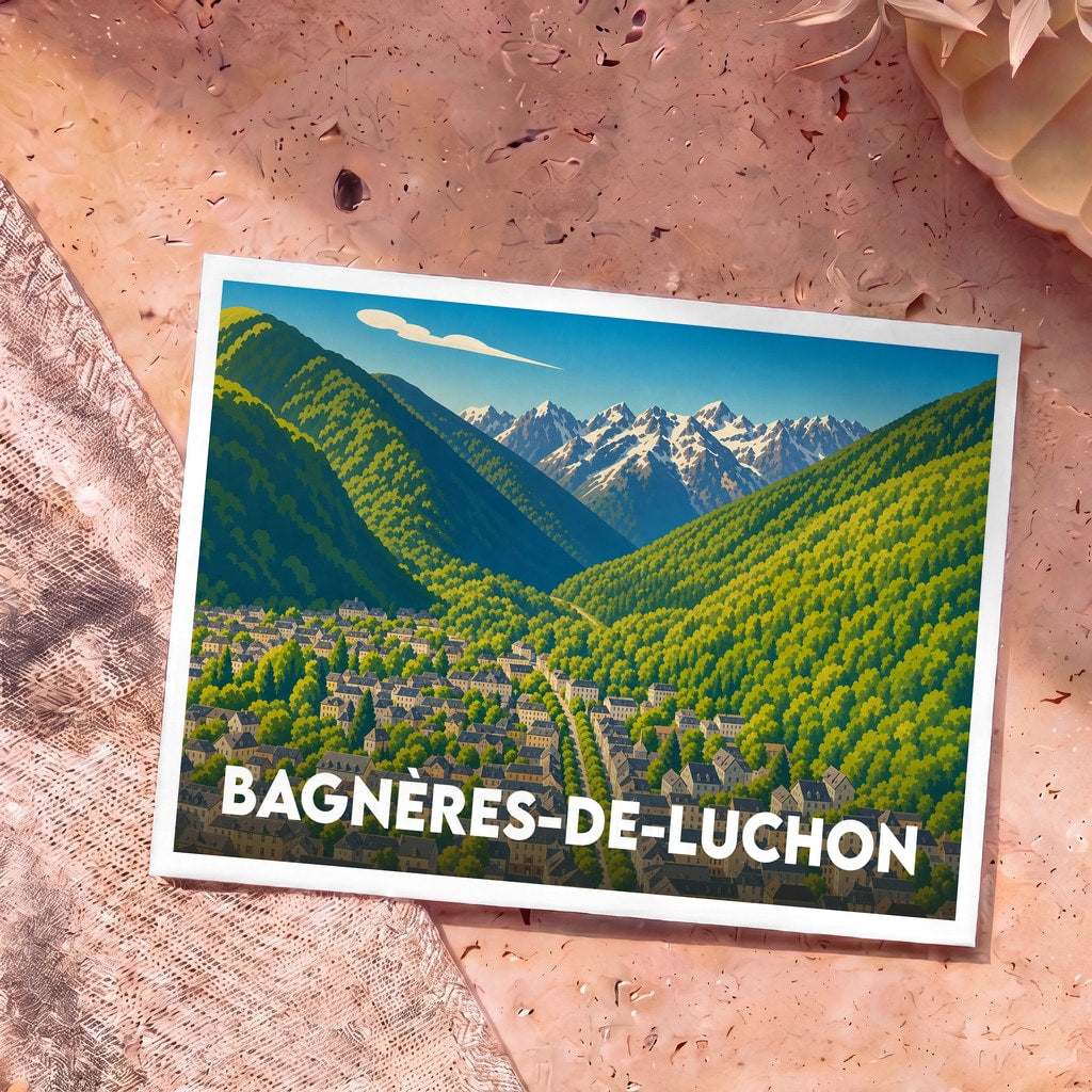 Carte postale souvenir de la ville de Bagnères-de-Luchon avec une illustration stylisée de la vallée et des montagnes.