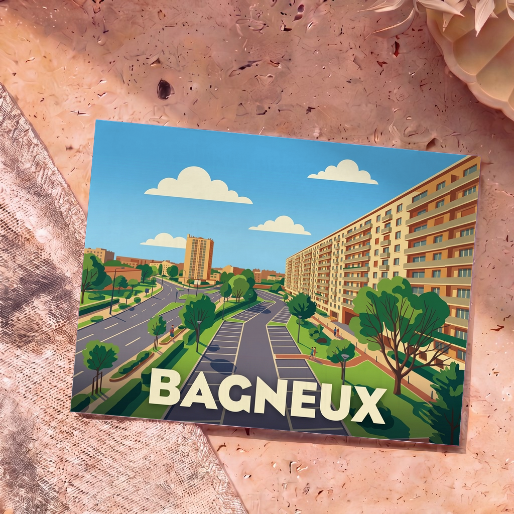 Carte postale souvenir de la ville de Bagneux avec une illustration stylisée montrant ses immeubles et ses espaces verts.