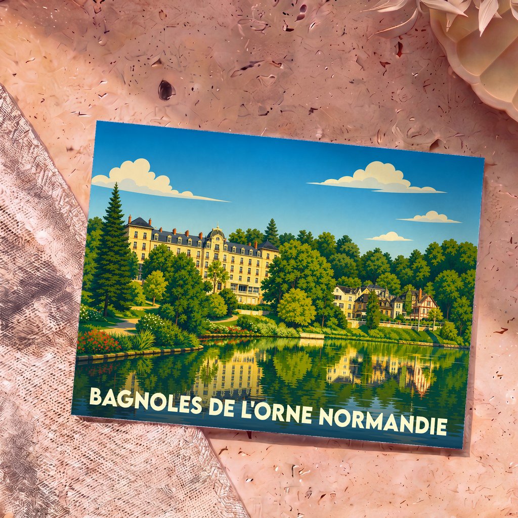 Carte postale souvenir de la ville de Bagnoles de l'Orne Normandie avec une illustration stylisée d'un lac bordé de bâtiments historiques et d'une forêt.