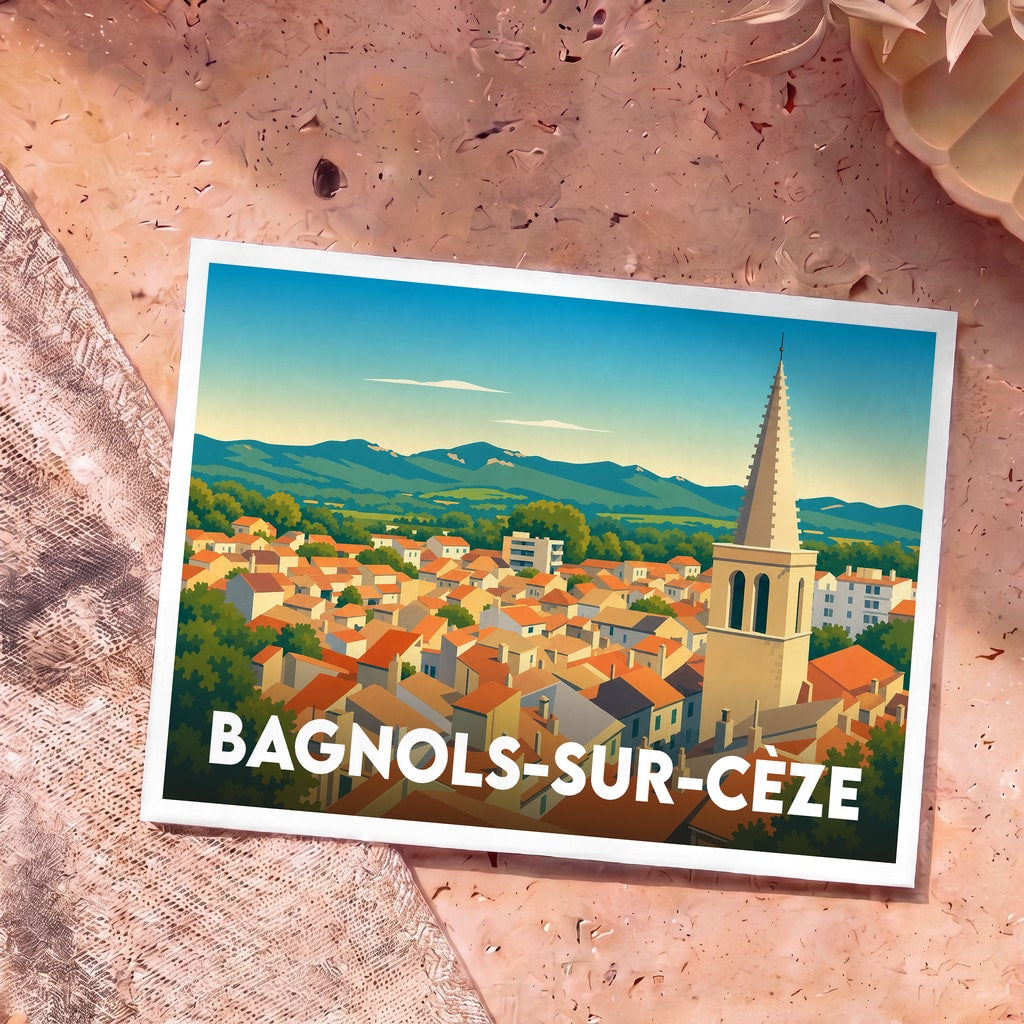 Carte postale souvenir de la ville de Bagnols-sur-Cèze avec une illustration stylisée montrant les toits et le clocher de la commune.