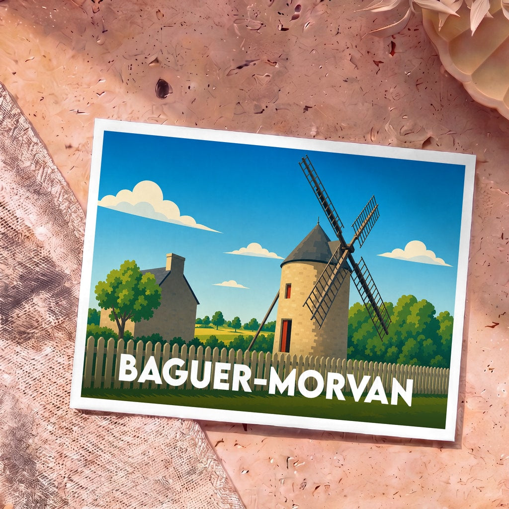Carte postale souvenir de la ville de Baguer-Morvan avec une illustration stylisée d'un moulin et d'une maison.