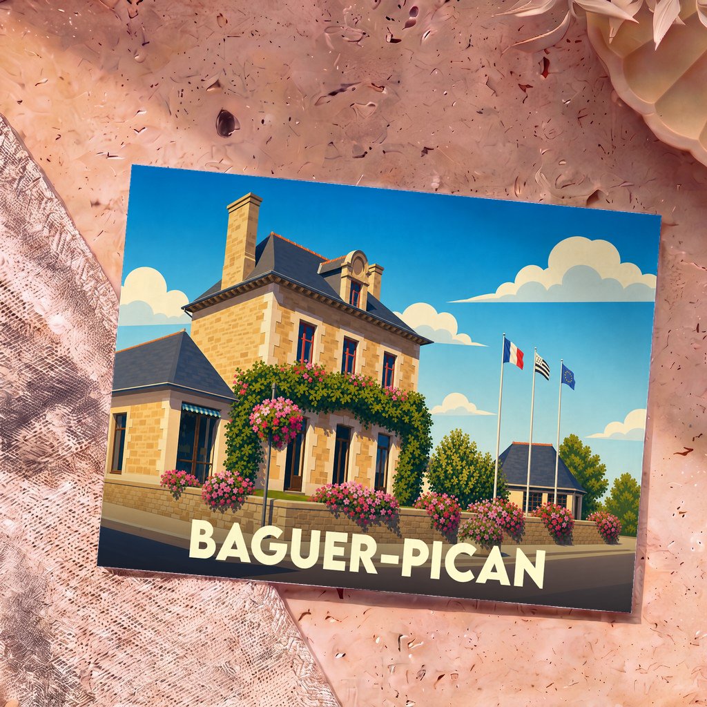 Carte postale souvenir de la ville de Baguer-Pican avec une illustration stylisée de sa mairie fleurie.