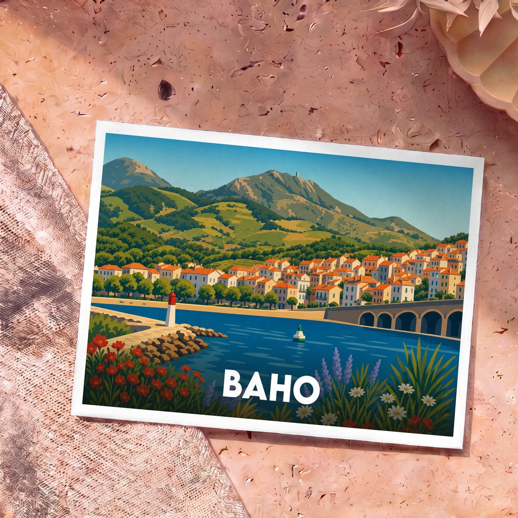 Carte postale souvenir de la ville de Baho avec une illustration stylisée représentant un paysage côtier et montagneux.