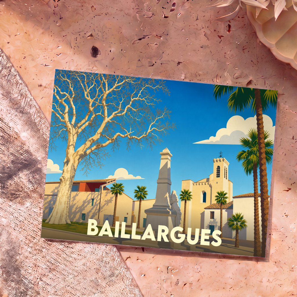 Carte postale souvenir de la ville de Baillargues avec une illustration stylisée et colorée du centre historique.