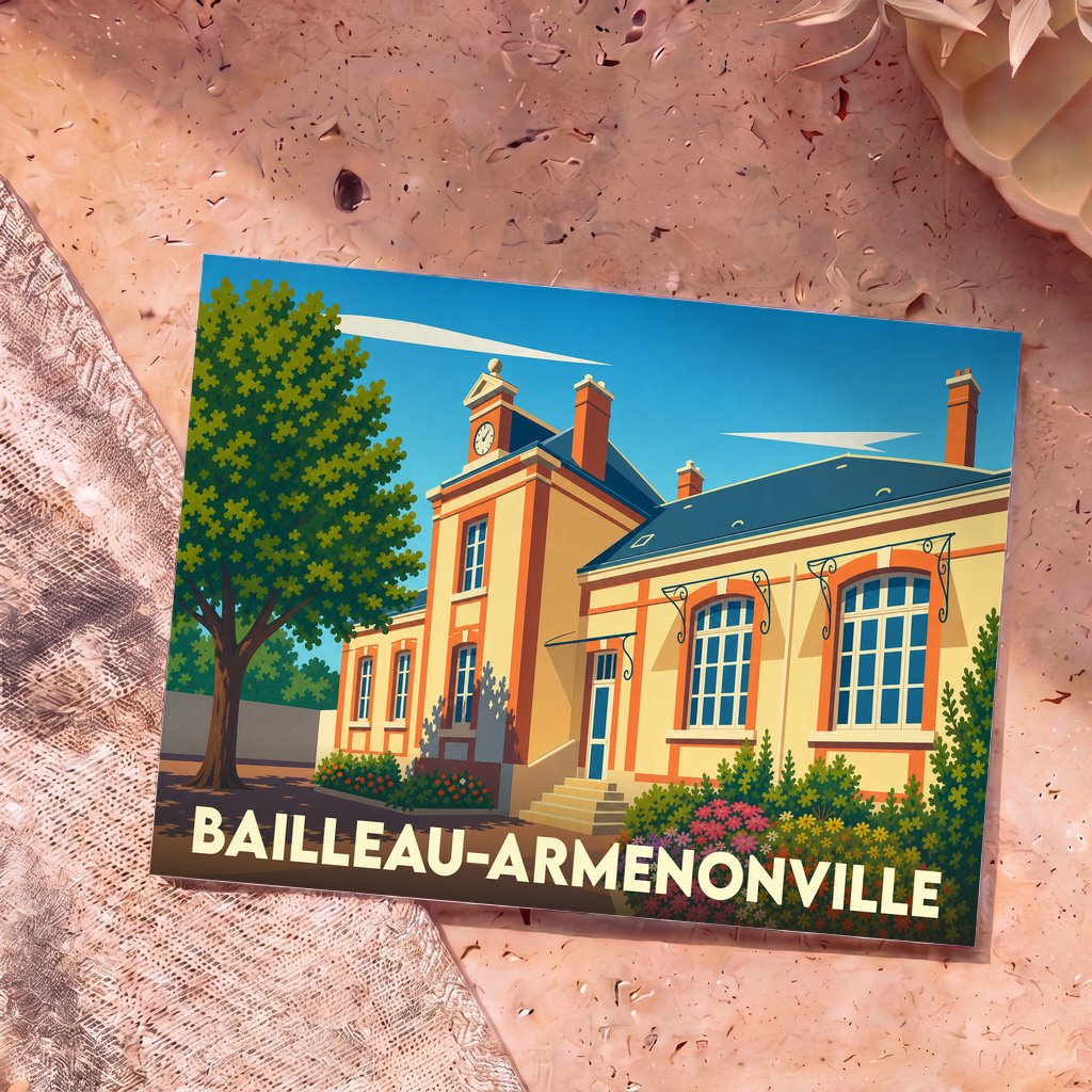 Carte postale souvenir de la ville de Bailleau-Armenonville avec une illustration stylisée de sa mairie.