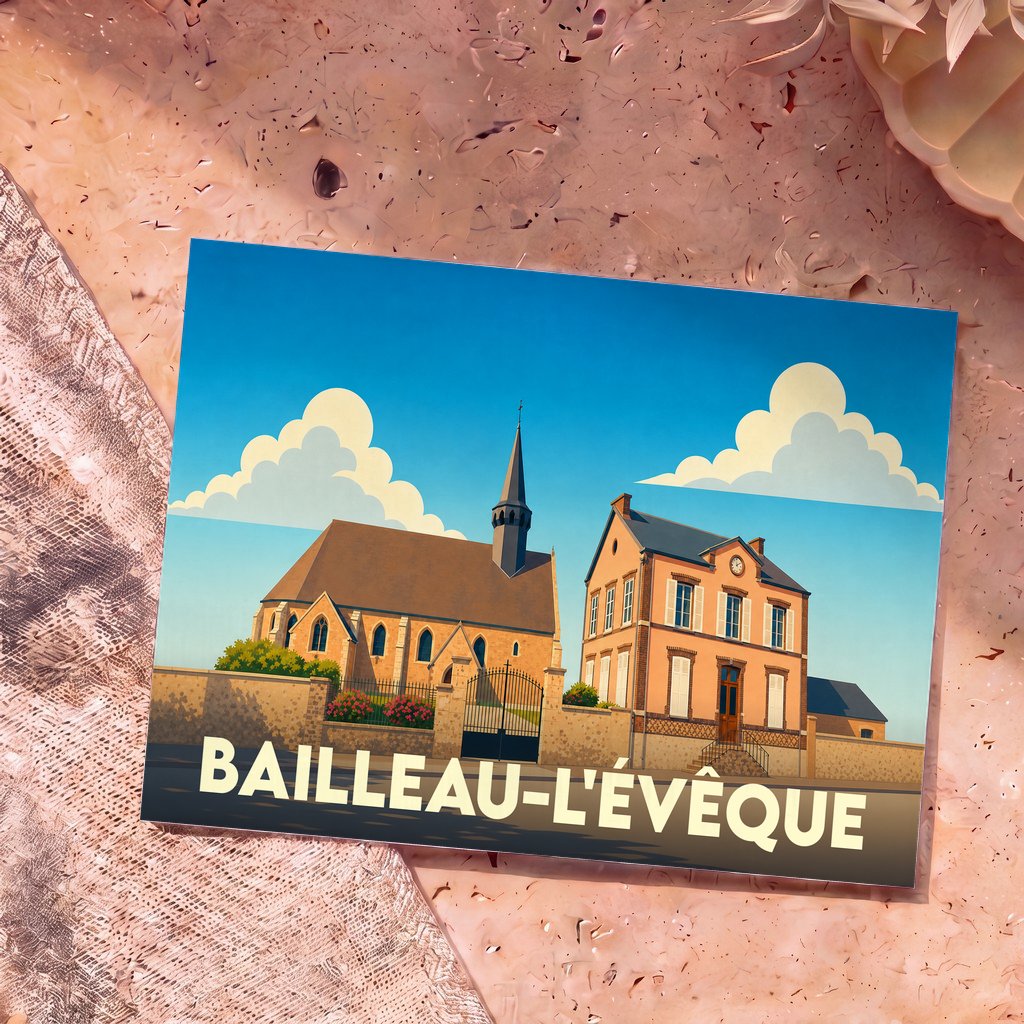 Carte postale souvenir de la ville de Bailleau-l'Évêque avec une illustration stylisée de son église et de sa mairie.