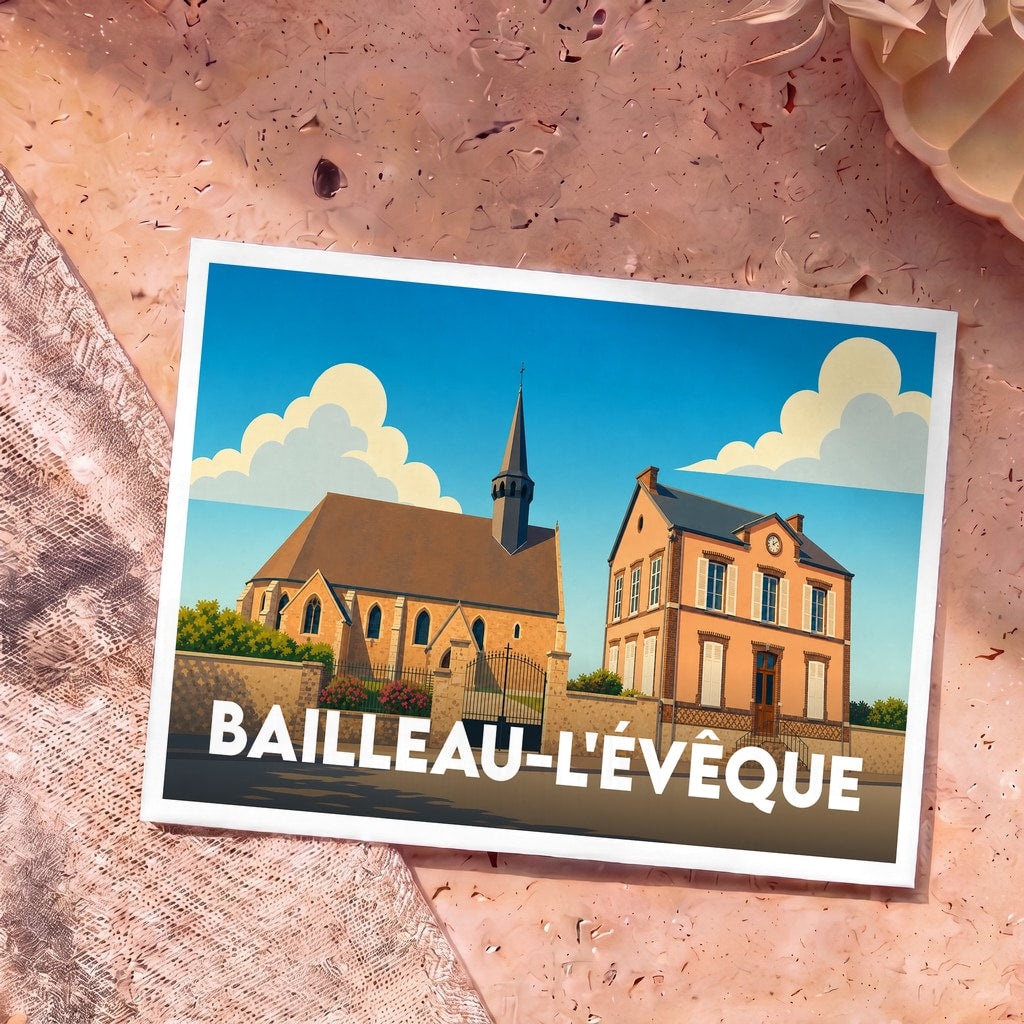 Carte postale souvenir de la ville de Bailleau-l'Évêque avec une illustration stylisée de son église et de sa mairie.