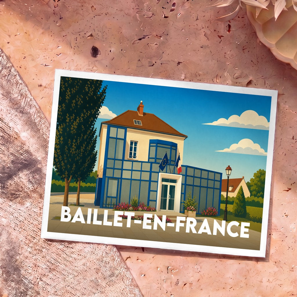 Carte postale souvenir de la ville de Baillet-en-France avec une illustration stylisée de la mairie.
