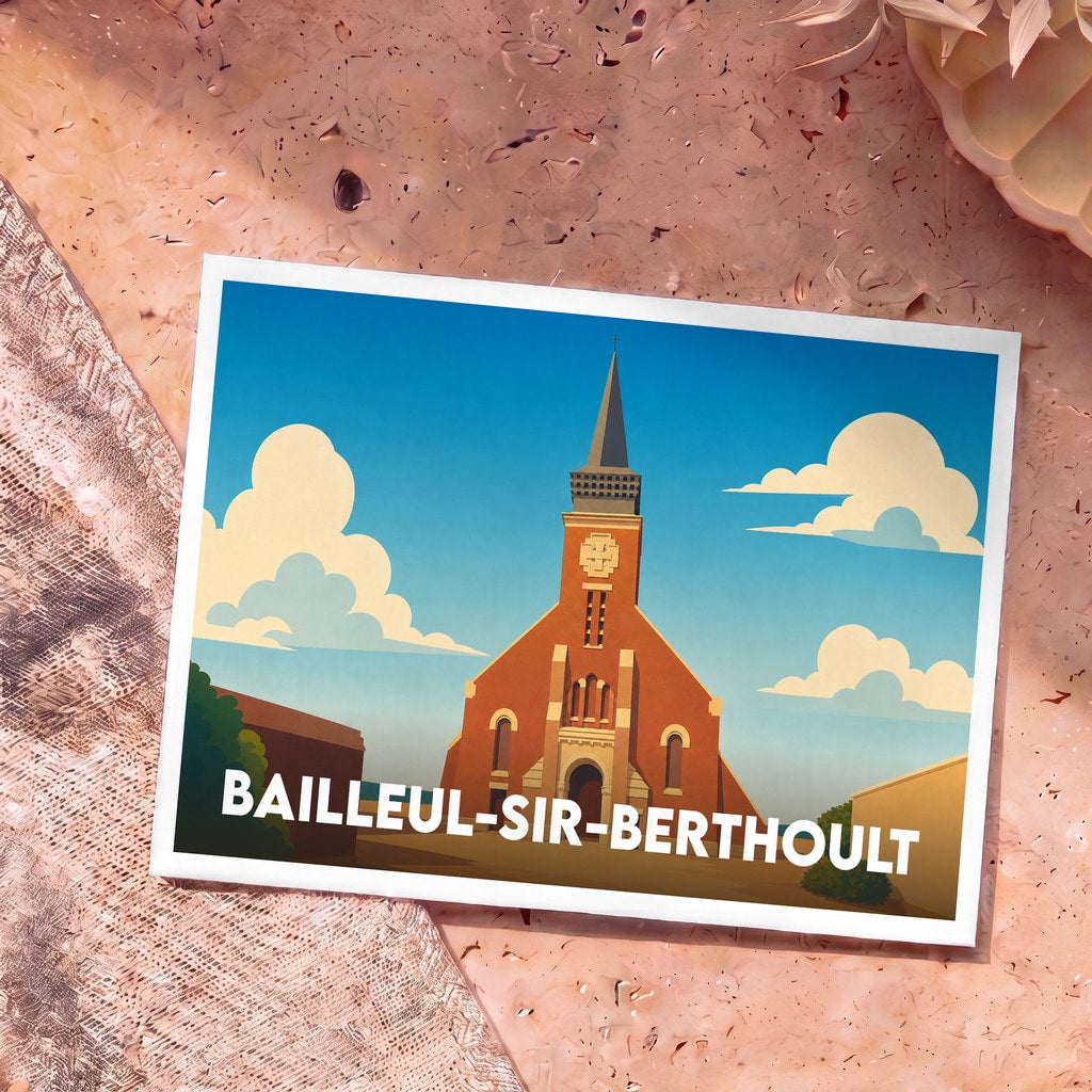 Carte postale souvenir de la ville de Bailleul-Sir-Berthoult avec une illustration stylisée de son église.