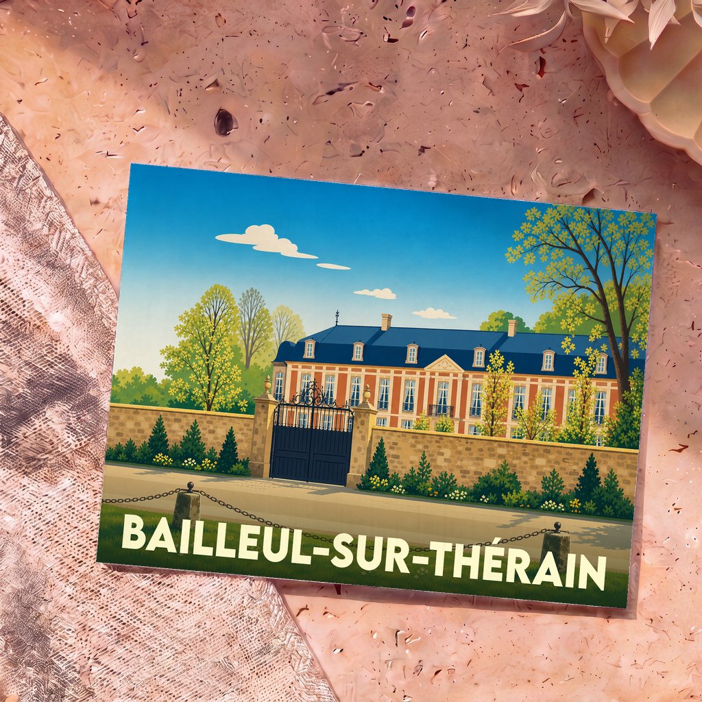 Carte postale souvenir de la ville de Bailleul-sur-Thérain avec une illustration stylisée d'un château.