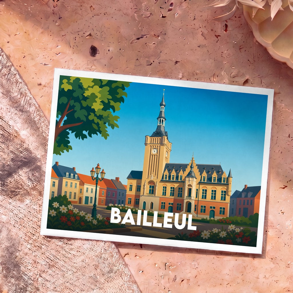 Carte postale souvenir de la ville de Bailleul avec une illustration stylisée de son beffroi.