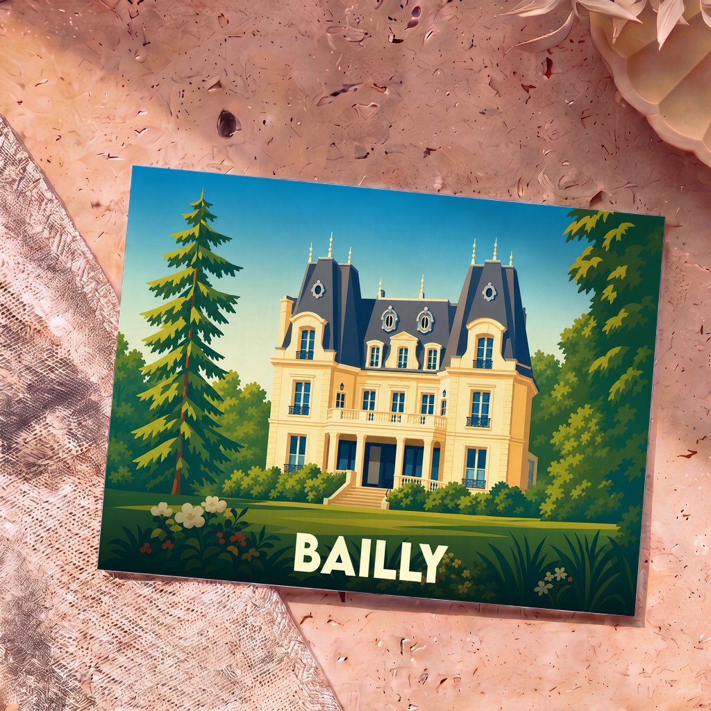 Carte postale souvenir de la ville de Bailly illustrant un château de style néo-classique entouré de verdure.