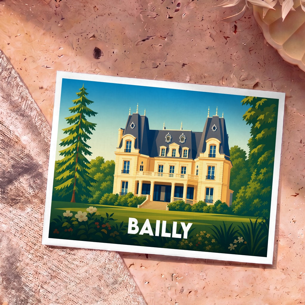 Carte postale souvenir de la ville de Bailly illustrant un château de style néo-classique entouré de verdure.