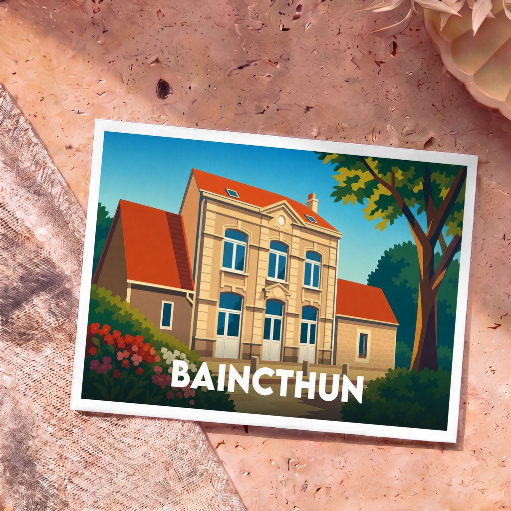 Carte postale souvenir de la ville de Baincthun avec une illustration stylisée de sa mairie.