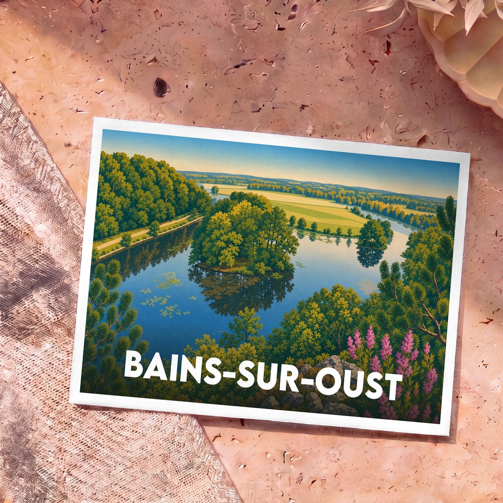 Carte postale souvenir de la ville de Bains-sur-Oust avec une illustration stylisée d'un paysage de rivière.