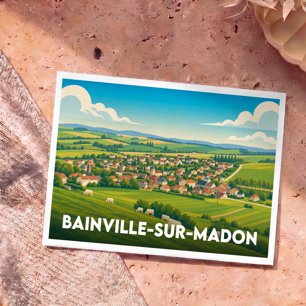 Carte postale souvenir de Bainville-sur-Madon illustrant un paysage de village vallonné dans un style rétro.