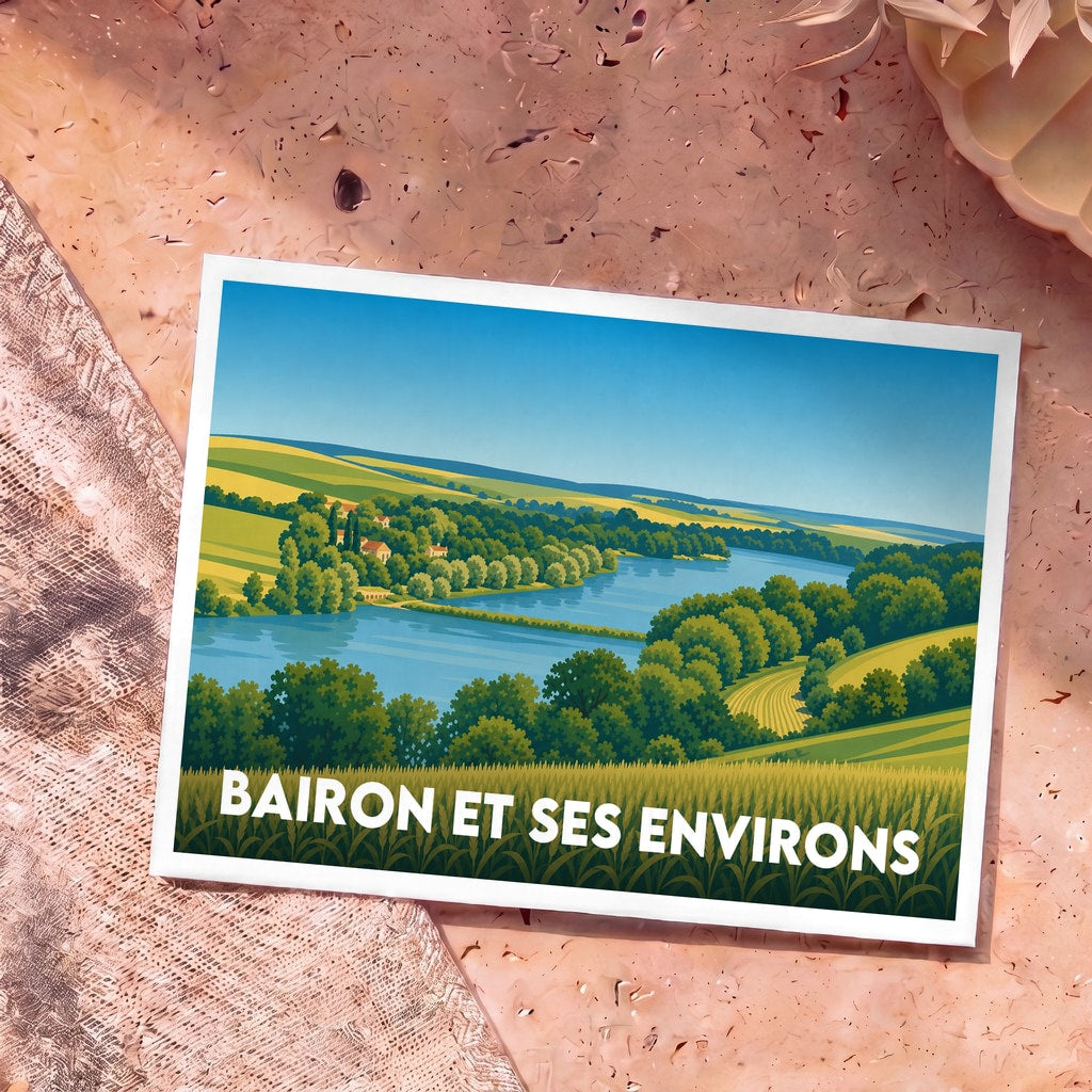 Carte postale souvenir de Bairon et ses environs illustrant un paysage vallonné avec un lac dans un style graphique épuré.