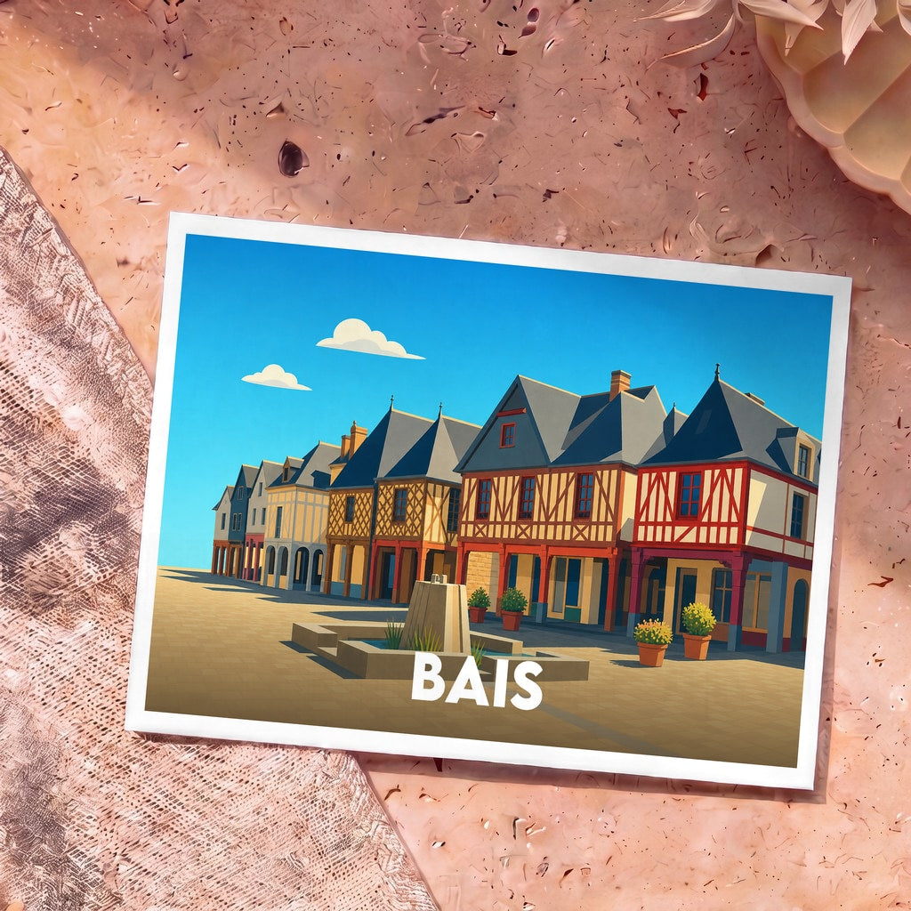 Carte postale souvenir de la ville de Bais avec une illustration stylisée de ses maisons à pans de bois.